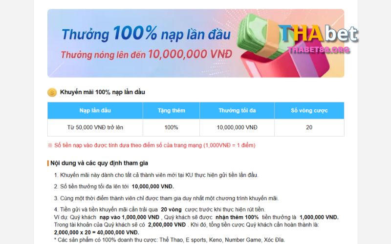 Thabet thưởng "nóng" 100% lần nạp đầu tiên cho anh em